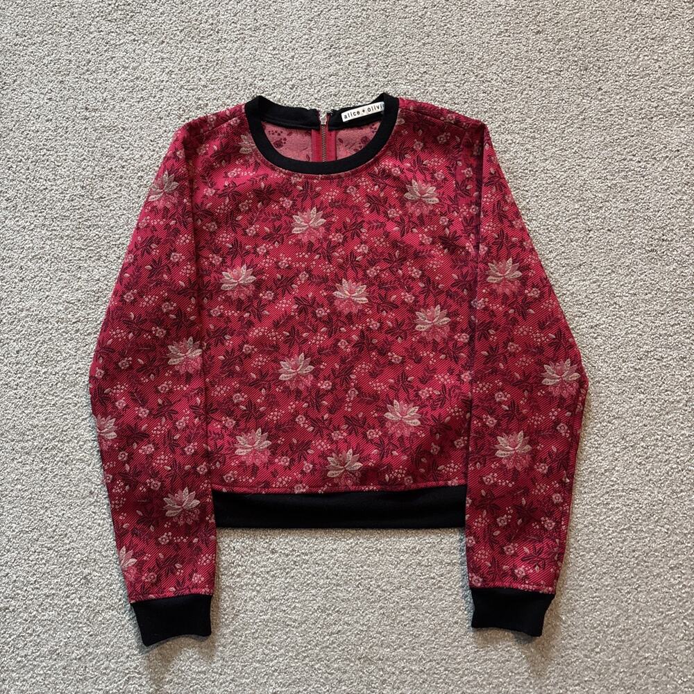 Alice + Olivia Floral Sweatshirt Mary Lou Jacquard Back Zip Women Sz Small Crop